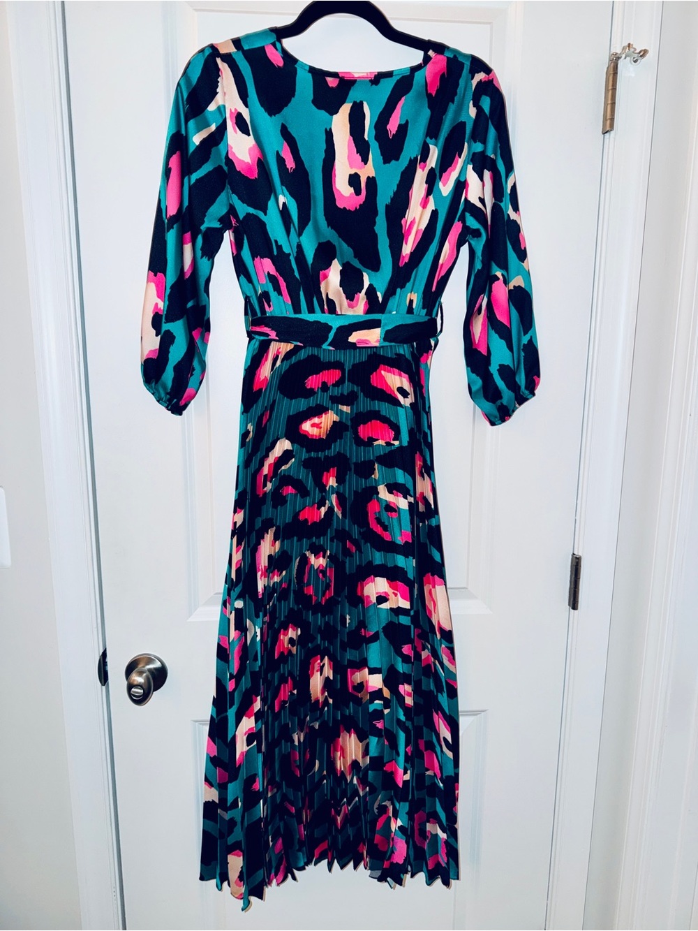 Teal & Pink Abstract AnimalPrinted Faux Wrap Midi Dress - Picture 3 of 4